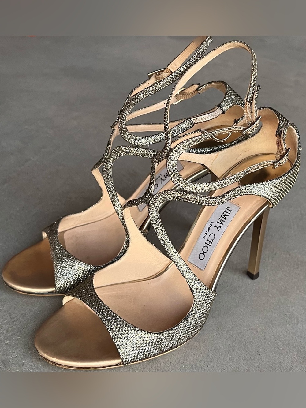 Jimmy Choo Lang 100 Champagne Gold Lamé Glitter Cage Sandals Heels IT 38.5